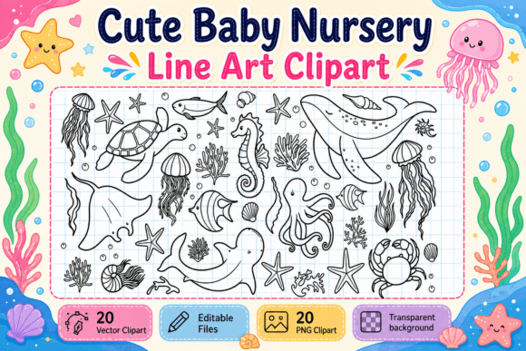 Download Ocean Animal Line Art Clipart Bundle - Ocean animal Collection