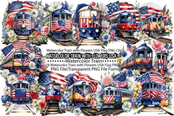 Download Watercolor Train with Flowers USA Flag - Premium Resources
